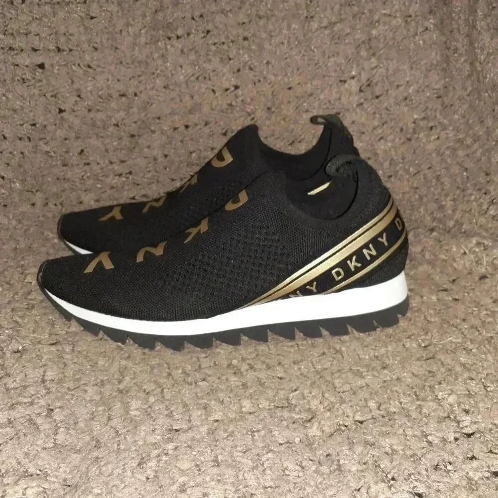 DKNY-Abbi Pull On Sock Sneaker-Air Knit-Black/White/Gold-Sz 9.5-Near Mint - Picture 2 of 8